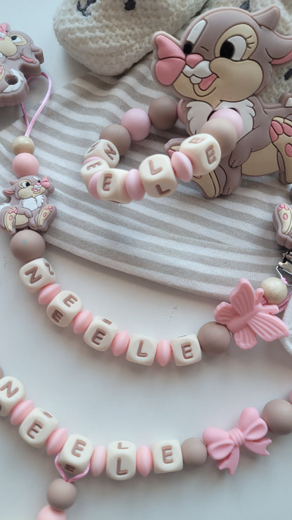 3tlg Set Schnullerkette Kinderwagenkette Beissring Hase Schmetterling apricot taupe