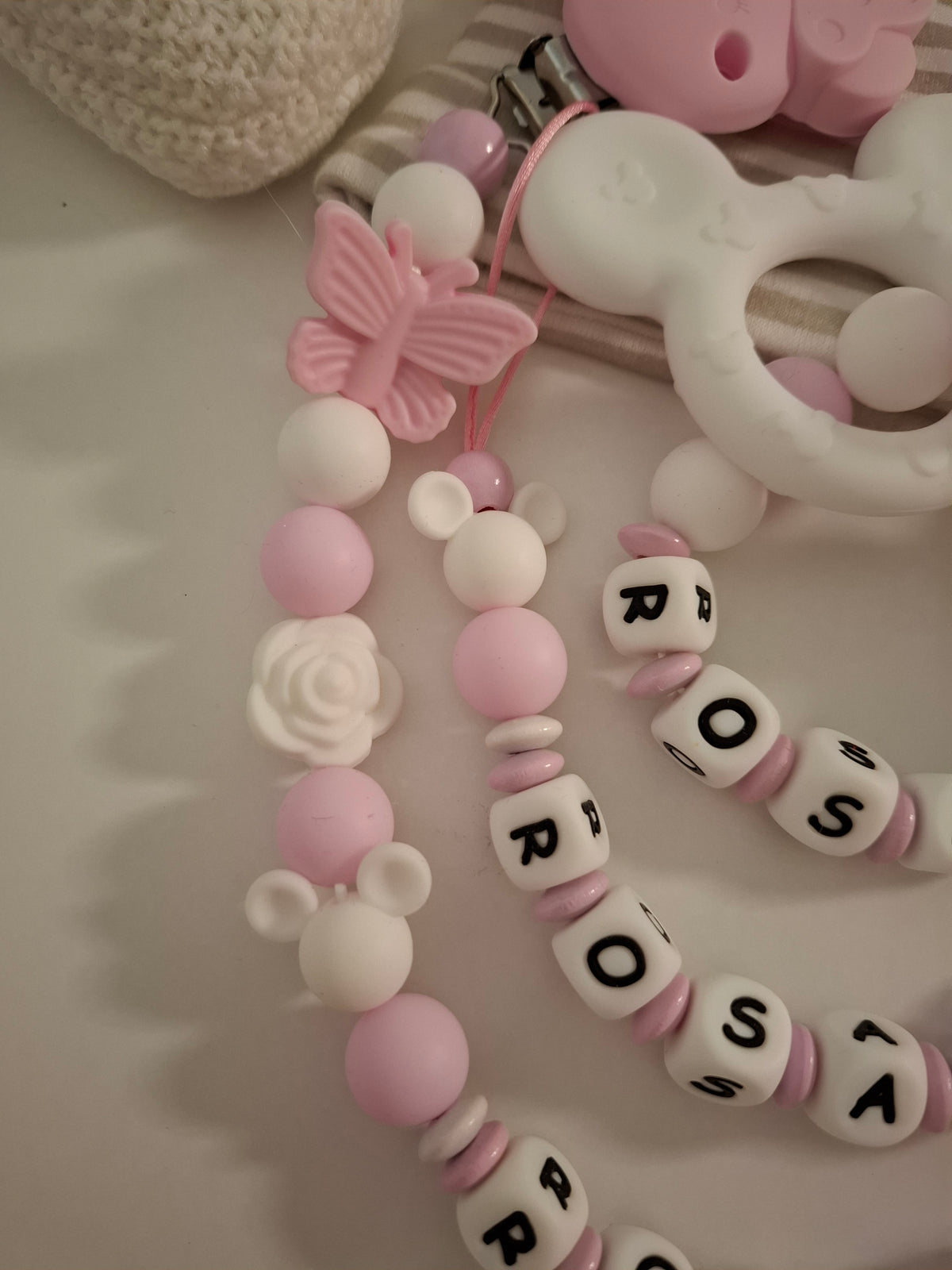 3er-Set Schnullerkette Kinderwagenkette & Greifring mit Namen Maus rosa weiss