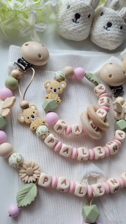 3tlg. Set Schnullerkette Kinderwagenkette & Spielring mit Namen Koala & Schmetterling rosa grün leo