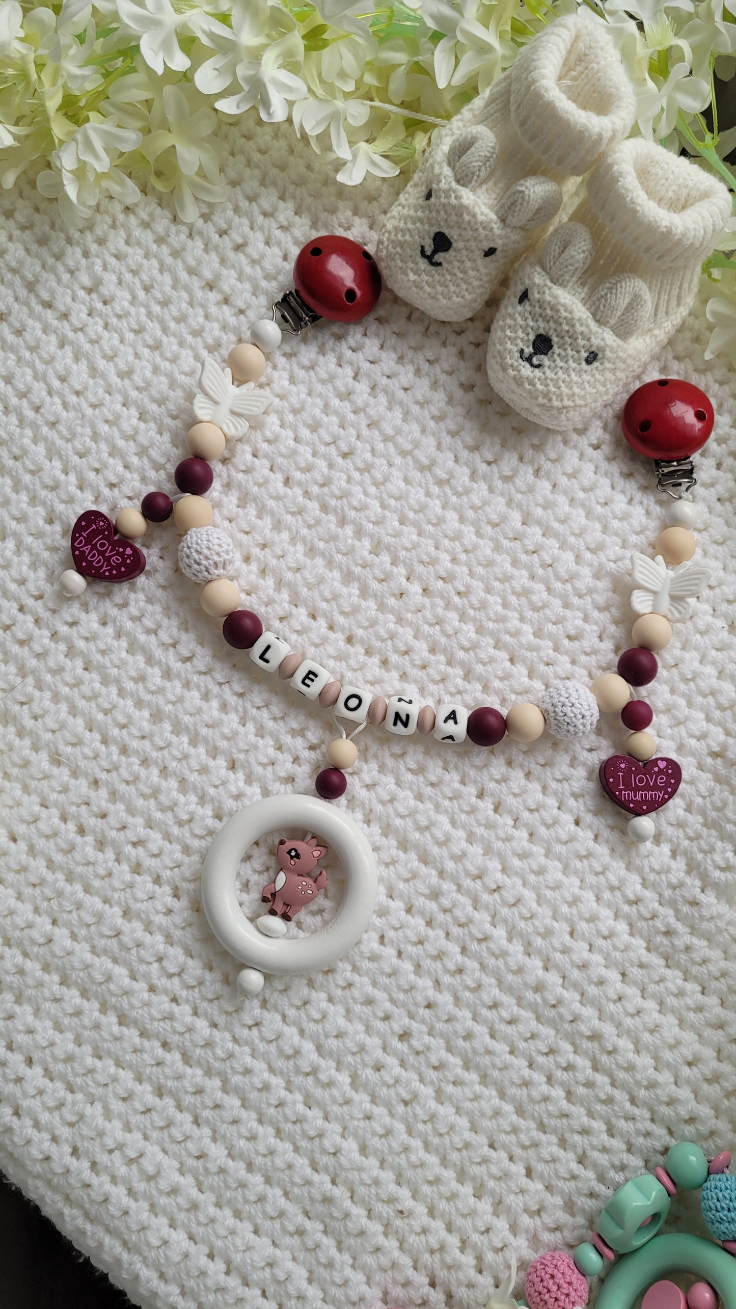 Kinderwagenkette & Schnullerkette mit Namen Schmetterling Reh beige weinrot