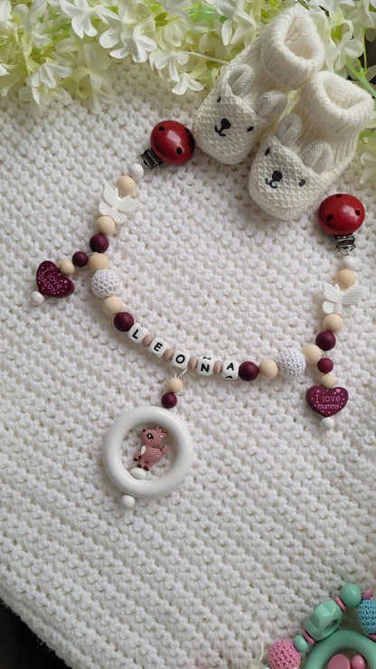 Kinderwagenkette & Schnullerkette mit Namen Schmetterling Reh beige weinrot