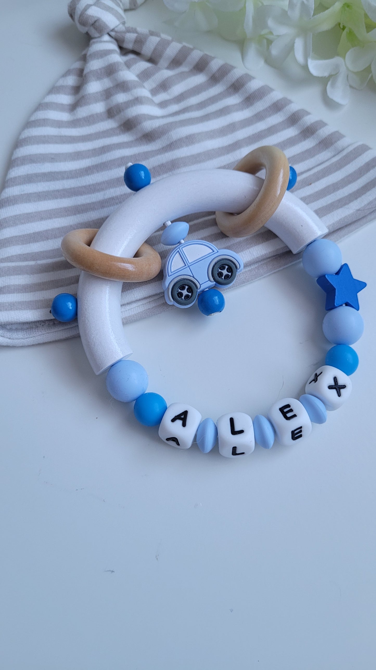 3tlg.Set Schnullerkette Kinderwagenkette & Greifring mit Namen Auto blau
