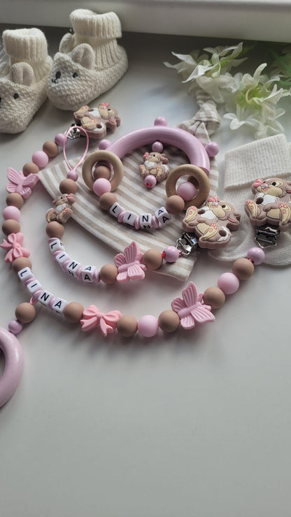 3tlg.Set Schnullerkette Kinderwagenkette & Greifring Hase Schmetterling rosa taupe