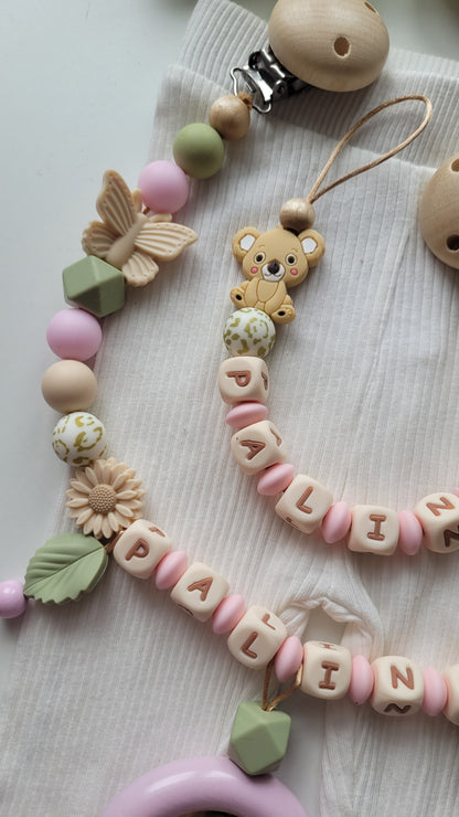 3tlg. Set Schnullerkette Kinderwagenkette & Spielring mit Namen Koala & Schmetterling rosa grün leo
