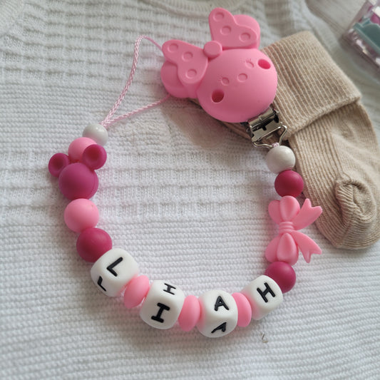 Schnullerkette mit Namen für Mädchen Maus & Schleife pink