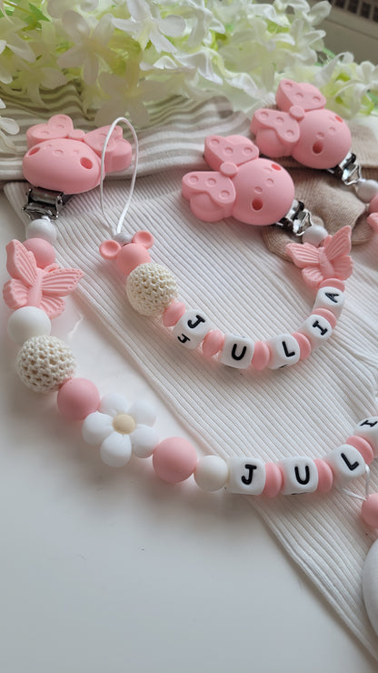 Kinderwagenkette & Schnullerkette mit Namen Schmetterling Maus & Blume rosa