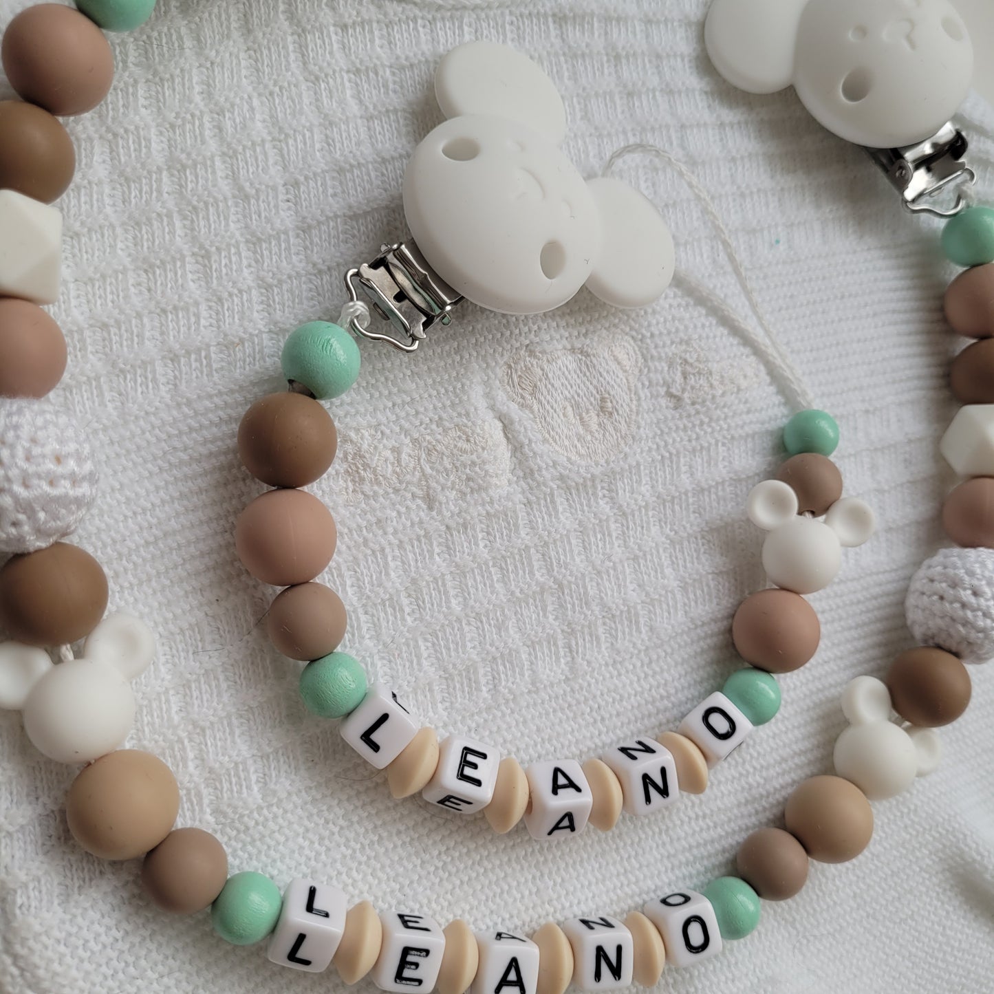 Kinderwagenkette & Schnullerkette mit Namen *Maus* beige weiss mint