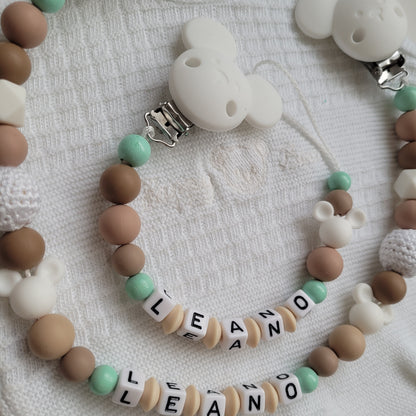 Kinderwagenkette & Schnullerkette mit Namen *Maus* beige weiss mint