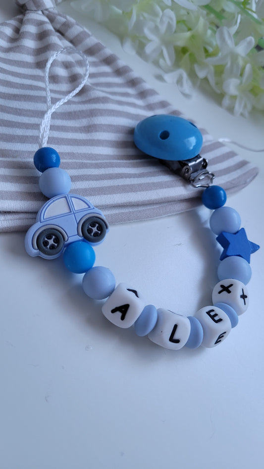 Schnullerkette mit Namen für Jungen Babyblau blau Auto