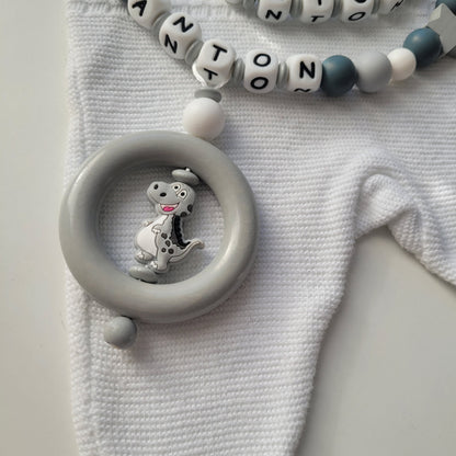 Kinderwagenkette & Schnullerkette mit Namen für Jungen Dinosaurier grau