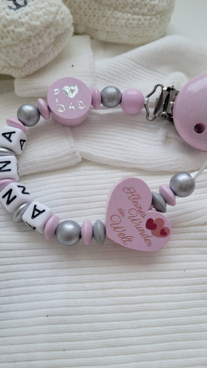 Schnullerkette mit Namen für Mädchen Kleines Wunder der Welt & I love Mom/ I love Dad rosa silber