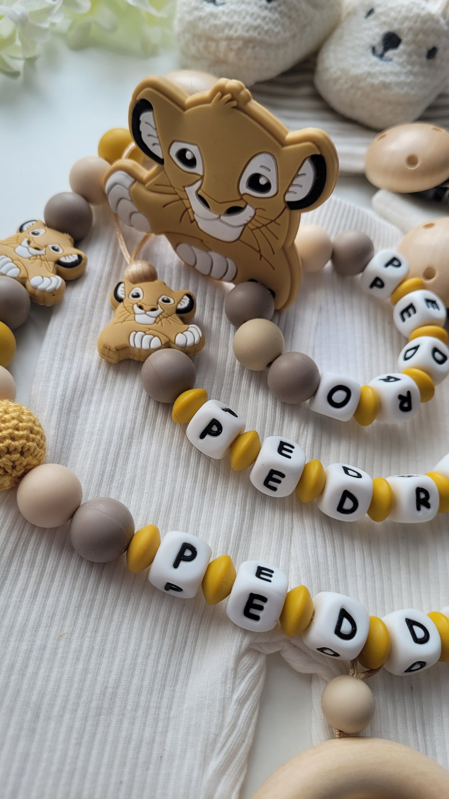 3er Set Schnullerkette Kinderwagenkette & Beissring mit Namen Löwe