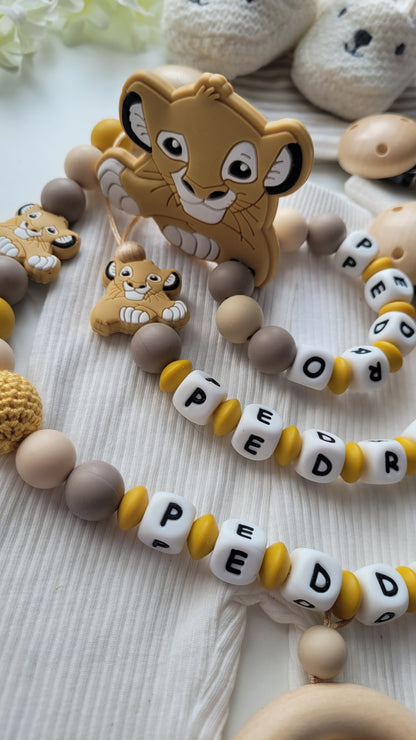 3er Set Schnullerkette Kinderwagenkette & Beissring mit Namen Löwe