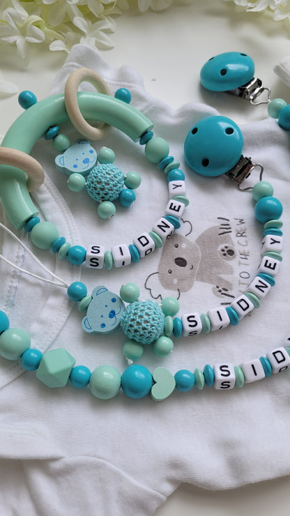 3tlg.Set Schnullerkette Kinderwagenkette & Greifring Teddy türkis