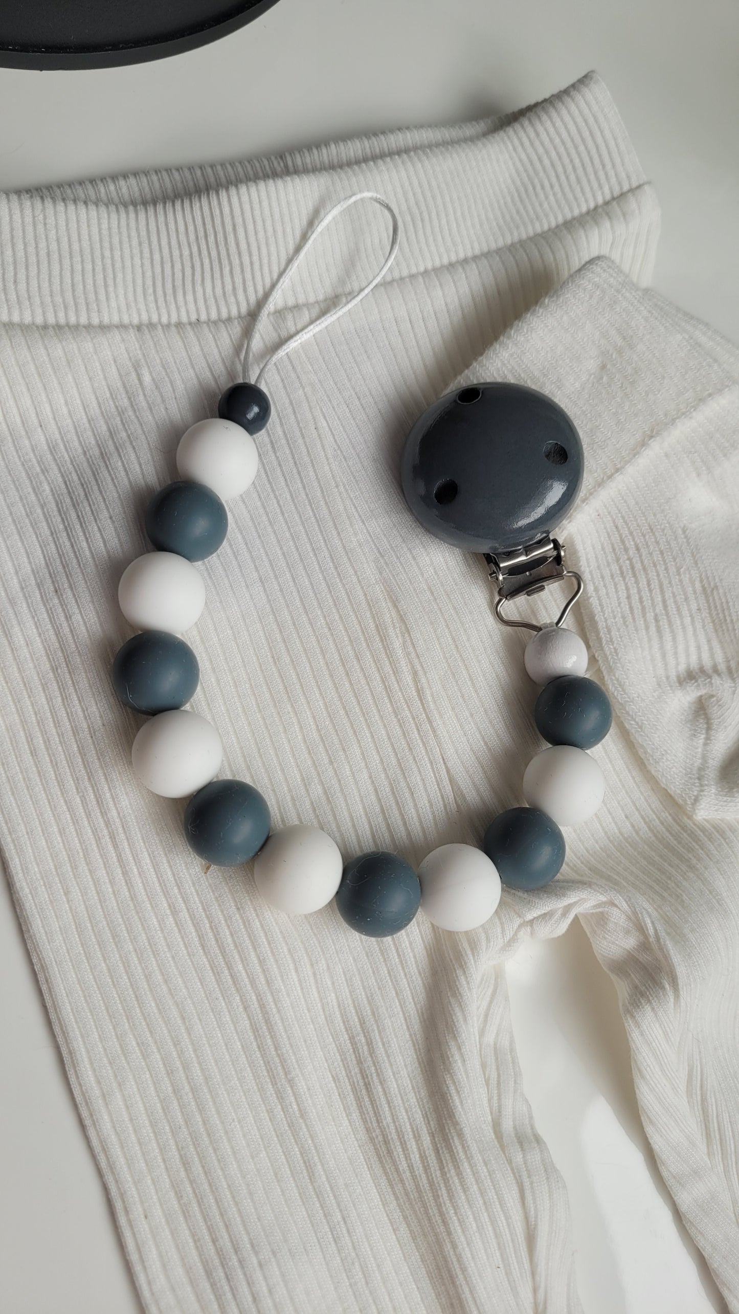 Schnullerkette Silikon grau weiss