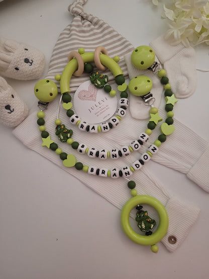 3er Set Schnullerkette, Kinderwagenkette & Beißring mit Namen Drache dunkelgrün hellgrün
