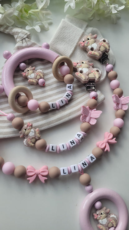 3tlg.Set Schnullerkette Kinderwagenkette & Greifring Hase Schmetterling rosa taupe