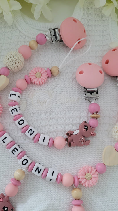 Kinderwagenkette & Schnullerkette mit Namen  Rehkitz peach rosa