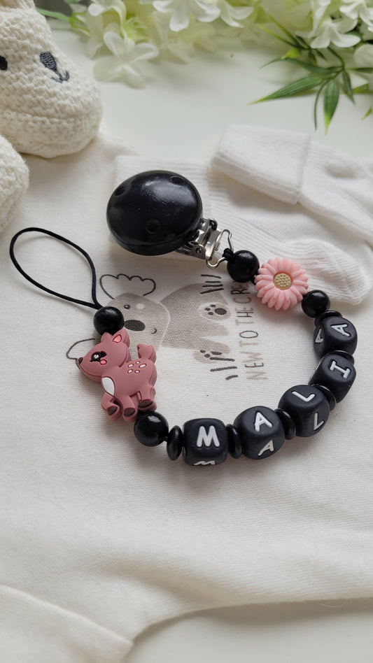 Schnullerkette mit Namen für Mädchen Lovely Flower Rehkitz schwarz