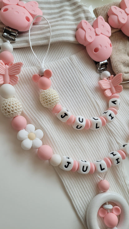 Kinderwagenkette & Schnullerkette mit Namen Schmetterling Maus & Blume rosa
