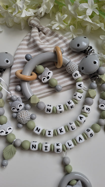 3tlg.Set Schnullerkette Kinderwagenkette & Greifring mit Namen Fuchs grün grau
