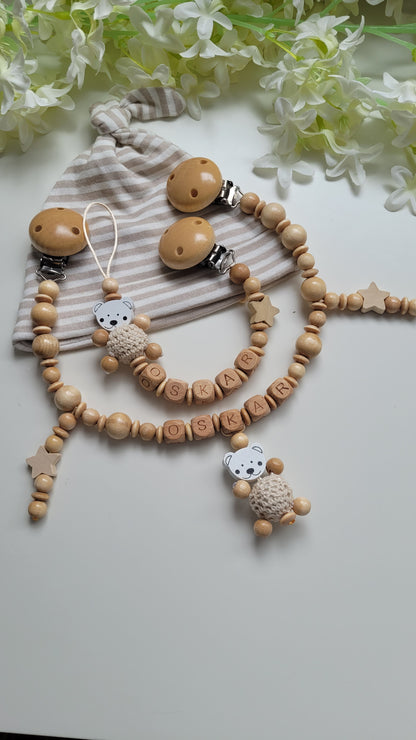 Kinderwagenkette & Schnullerkette mit Namen Bärchen holz