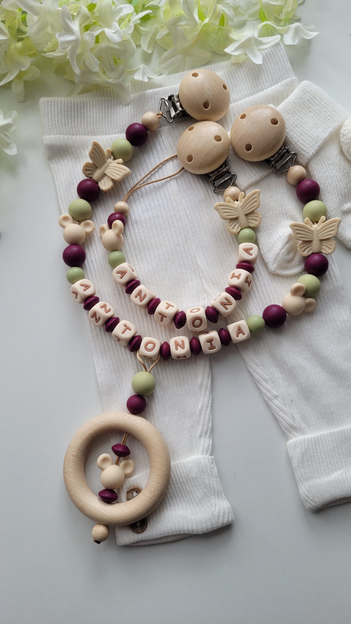 Kinderwagenkette & Schnullerkette Set mit Namen Maus Schmetterling brombeer beige grün Silikon Holz | personalisiert