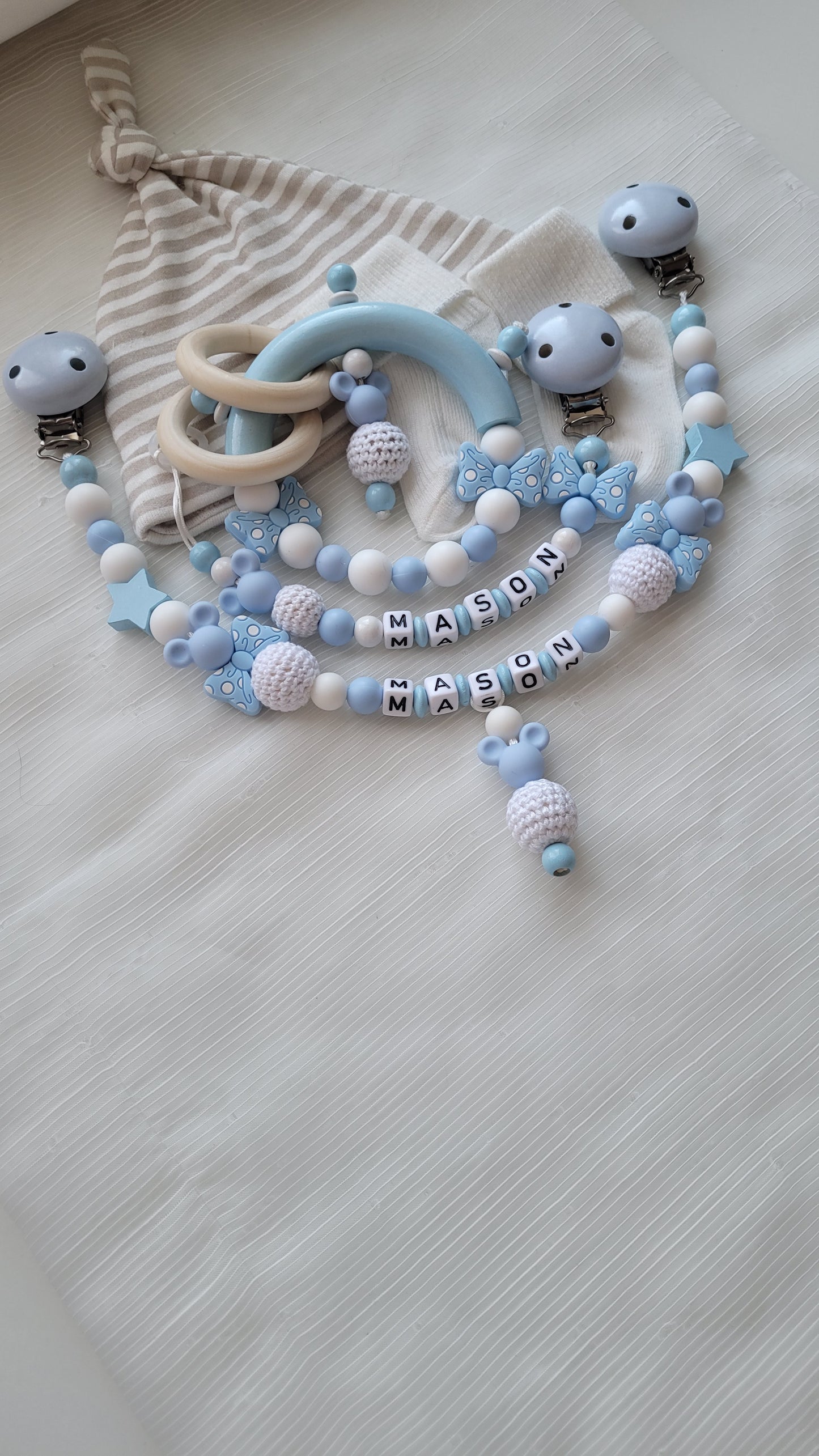3tlg Set Schnullerkette Kinderwagenkette Greifling *Babymaus* hellblau