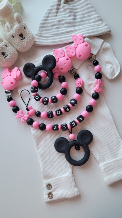 3er Set Kinderwagenkette & Schnullerkette mit Namen + Greifring für Mädchen Maus