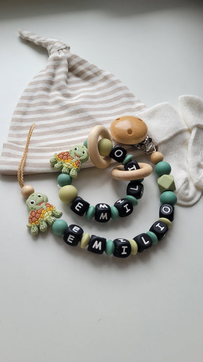 3er Set Schnullerkette Kinderwagenkette & Beissring mit Namen Schildkröte grün blaugrün