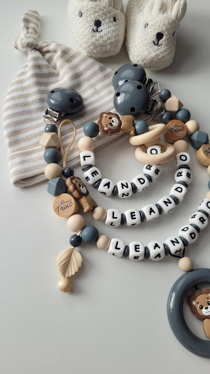 Schnullerkette Kinderwagenkette & Greifring mit Namen Löwe & Kleiner Prinz beige grau