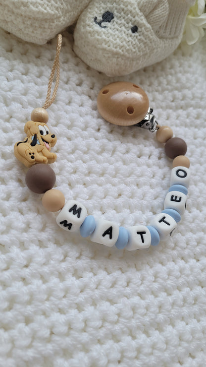 Kinderwagenkette & Schnullerkette Set Baby Hunde für Jungen braun beige blau