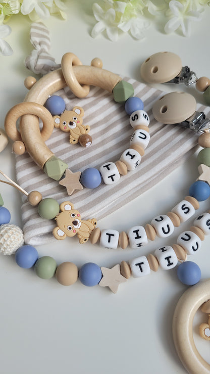 3tlg.Set Schnullerkette Kinderwagenkette & Greifring mit Namen Koala beige blau grün
