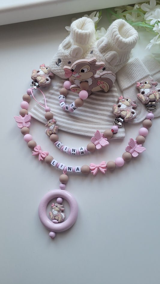 3tlg Set Schnullerkette Kinderwagenkette Beissring Hase Schmetterling rosa taupe