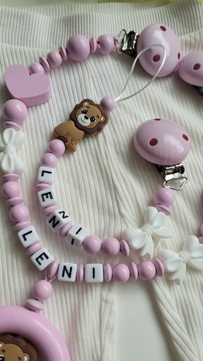 Kinderwagenkette & Schnullerkette mit Namen Löwe rosa
