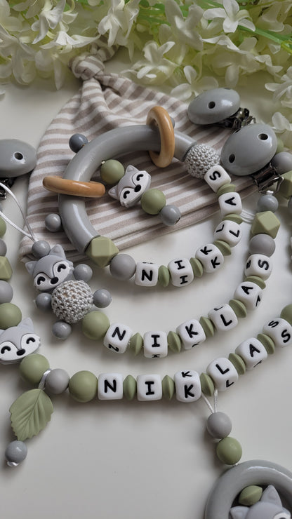 3tlg.Set Schnullerkette Kinderwagenkette & Greifring mit Namen Fuchs grün grau
