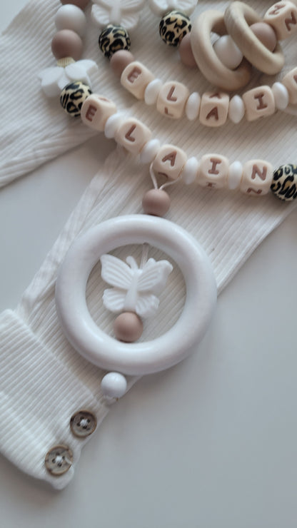 3er Set Schnullerkette Kinderwagenkette & Beissring mit Namen  Schmetterlinge leo weiss taupe