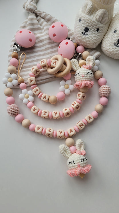 Schnullerkette Kinderwagenkette & Greifring für Mädchen Hase rose holz