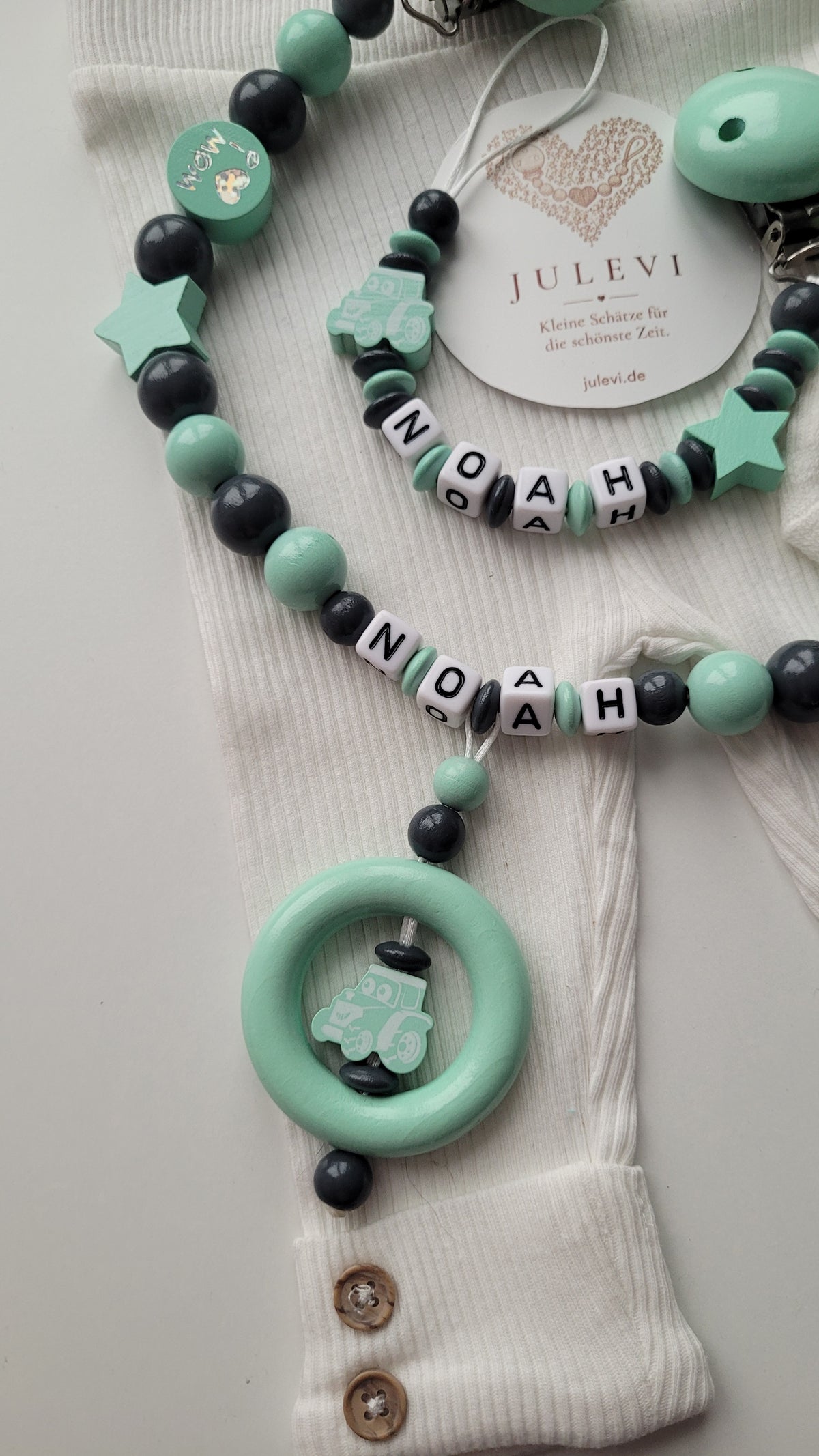 Kinderwagenkette & Schnullerkette Set mit Namen Traktor mint grau| personalisiert
