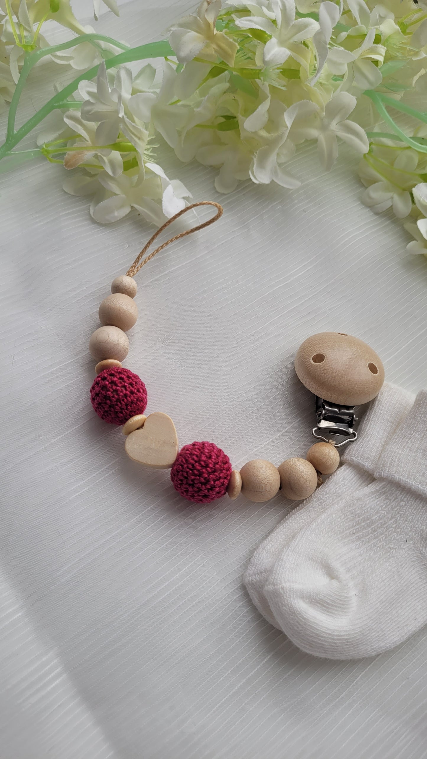 Schnullerkette Häkelperlen & Herz pink holz