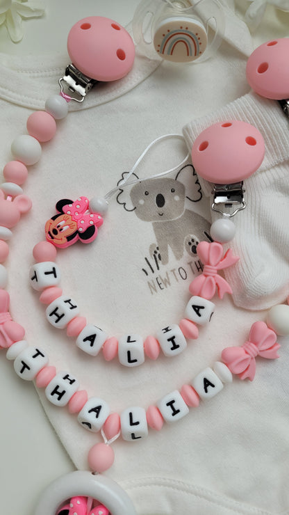 Kinderwagenkette & Schnullerkette mit Namen Minnie Maus babypink