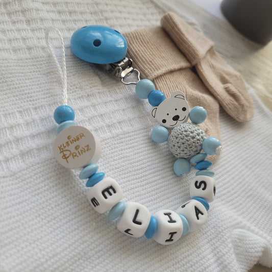 Schnullerkette mit Namen für Jungen Teddy & kleiner Prinz blau hellblau