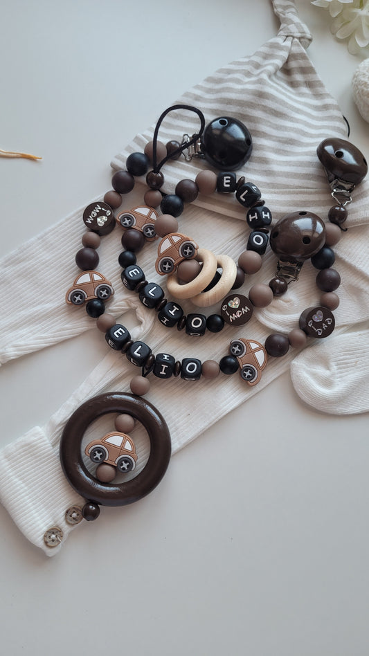 3er Set Schnullerkette Kinderwagenkette & Greifring Auto mit Namen  schwarz braun