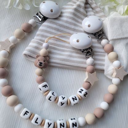 Kinderwagenkette & Schnullerkette Set Baby Teddy für Jungen braun beige weiss holz