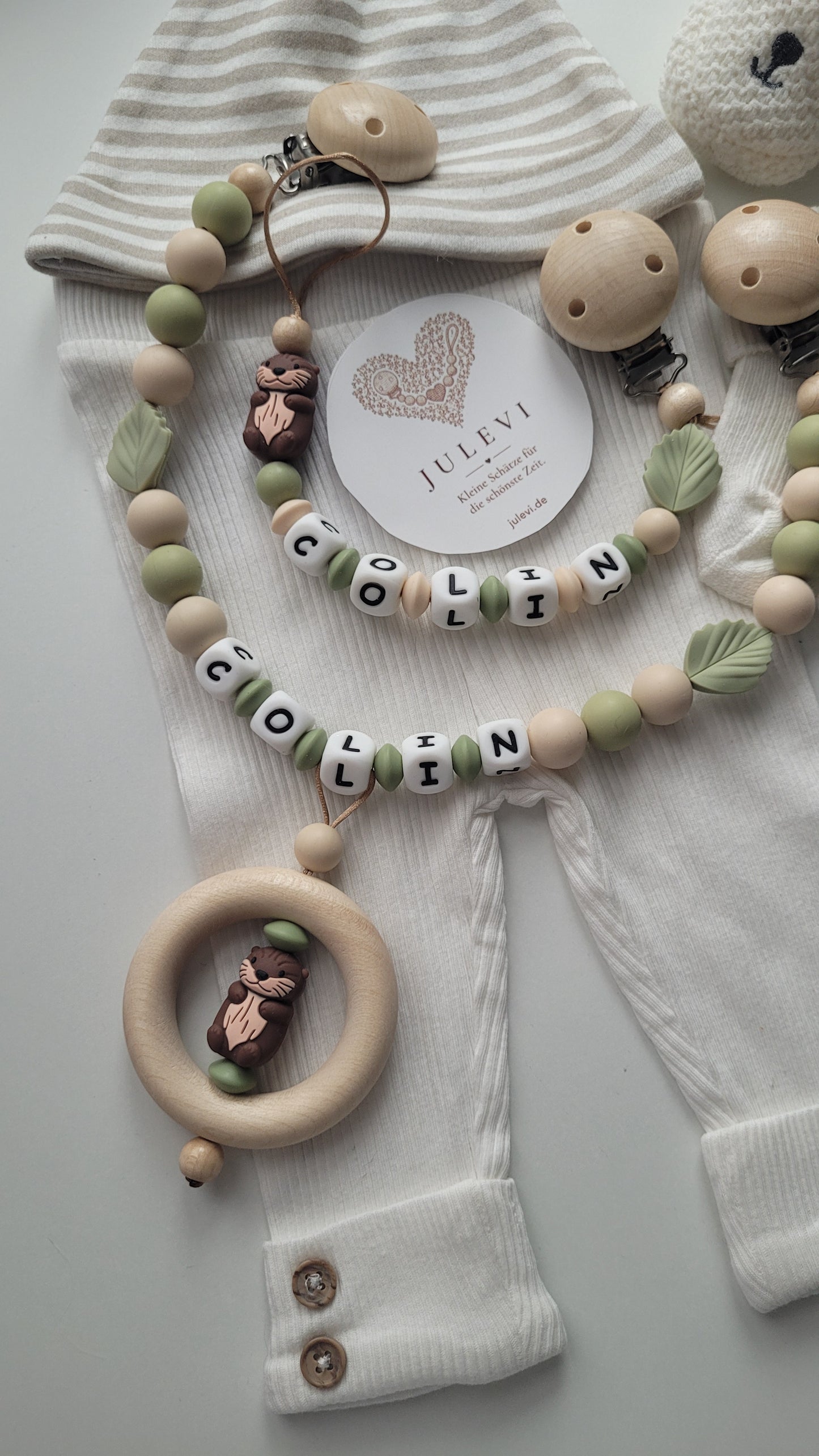 Kinderwagenkette & Schnullerkette Set Baby Otter beige braun grün | personalisiert