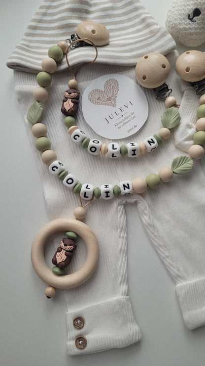 Kinderwagenkette & Schnullerkette Set Baby Otter beige braun grün | personalisiert