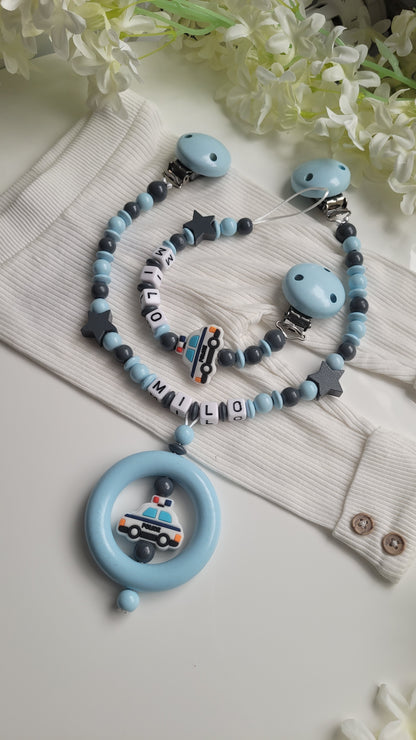 Kinderwagenkette & Schnullerkette mit Namen Polizei Auto blau