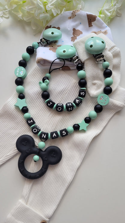 Kinderwagenkette & Schnullerkette mit Namen Maus | mint | JULEVI