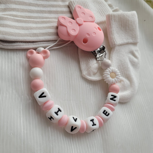 Schnullerkette mit Namen für Mädchen Maus & Blume rosa weiss