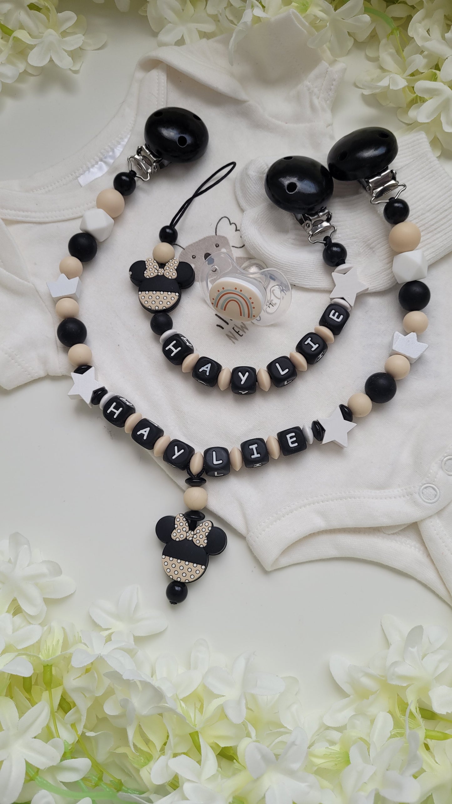 Kinderwagenkette & Schnullerkette *Minnie Prinzessin* beige schwarz